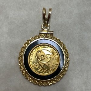 1/20th oz Gold Panda Coin set in a Black Onyx and 14K Yellow Gold Bezel, Pendant